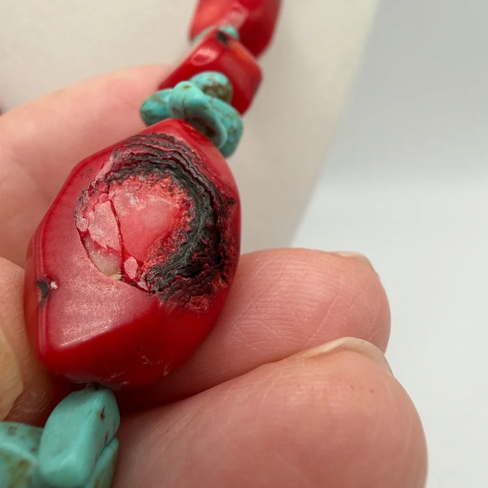 Chunky Red Sponge Coral and Turquoise Nugget Statement Necklace Silver Tone